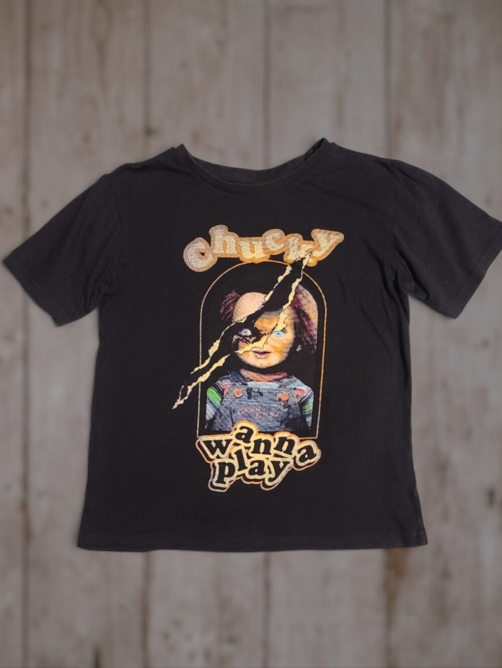 Kids Black Chucky 'Wanna Play' Graphic Tee M 10-12 Horror Halloween